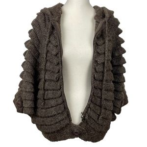 Monte Milano Bohemian Knit Cape Ruffled Zip Up Hooded Brown Light Gray Metallic